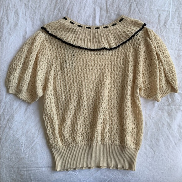 Doen Glenda Pima Cotton Ribbon Bow Short Sleeve Knit Sweater Top Cream Black - Picture 11 of 12